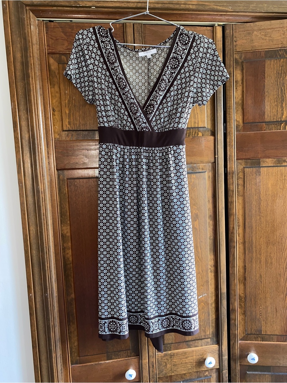 dressbarn Brown and Light Blue Printed V-Neck Midi Dress